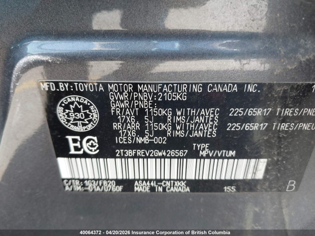 2016 Toyota Rav4 მანქანა იყიდება აუქციონზე, vin: 2T3BFREV2GW426567, აუქციონის ნომერი: 40064372