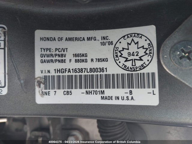 Aukcja sprzedaży 2007 Honda Civic, vin: 1HGFA16387L800361, numer aukcji: 40064375