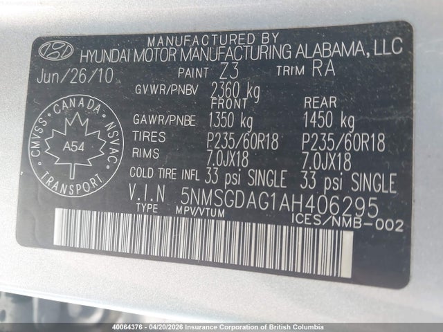 Продажа на аукционе авто 2010 Hyundai Santa Fe Gls, vin: 5NMSGDAG1AH406295, номер лота: 40064376