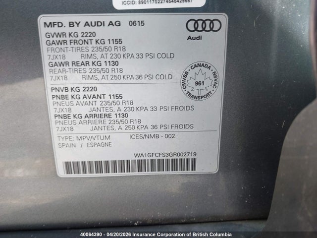 Продаж на аукціоні авто 2016 Audi Q3, vin: WA1GFCFS3GR002719, номер лоту: 40064390