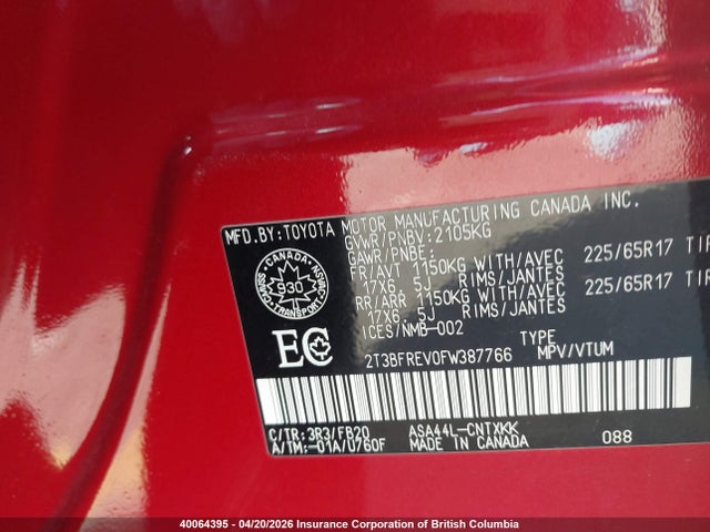 2015 Toyota Rav4 მანქანა იყიდება აუქციონზე, vin: 2T3BFREV0FW387766, აუქციონის ნომერი: 40064395