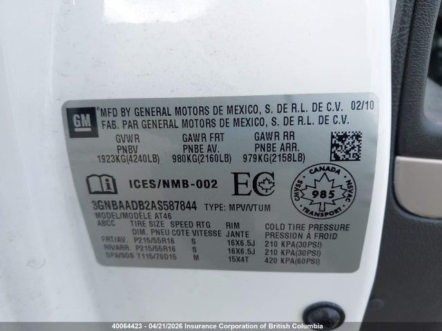 40064423 :رقم المزاد ، 3GNBAADB2AS587844 vin ، 2010 Chevrolet Hhr مزاد بيع