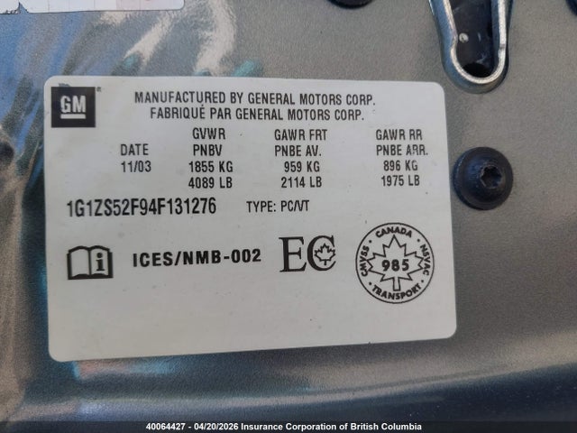 2004 Chevrolet Malibu მანქანა იყიდება აუქციონზე, vin: 1G1ZS52F94F131276, აუქციონის ნომერი: 40064427