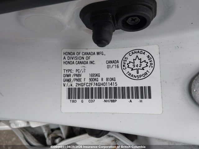 Aukcja sprzedaży 2016 Honda Civic, vin: 2HGFC2F74GH011415, numer aukcji: 40064451
