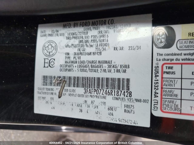 40064452 :رقم المزاد ، 3FAFP07Z46R187428 vin ، 2006 Ford Fusion Se مزاد بيع