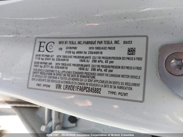 Aukcja sprzedaży 2023 Tesla Model 3, vin: LRW3E1FA6PC845882, numer aukcji: 40061857