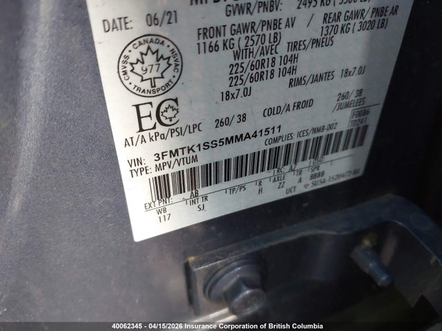 40062345 :رقم المزاد ، 3FMTK1SS5MMA41511 vin ، 2021 Ford Mustang Mach-e Select مزاد بيع