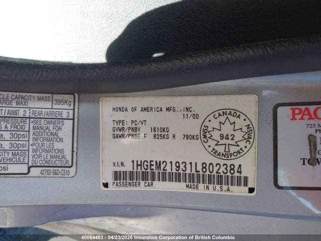 Aukcja sprzedaży 2001 Honda Civic, vin: 1HGEM21931L802384, numer aukcji: 40064483
