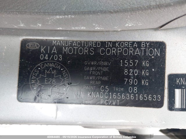 40064485 :رقم المزاد ، KNADC165636165633 vin ، 2003 Kia Rio مزاد بيع