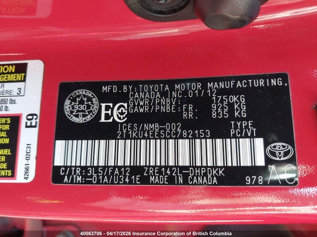 40063706 :رقم المزاد ، 2T1KU4EE5CC782153 vin ، 2012 Toyota Corolla Matrix مزاد بيع