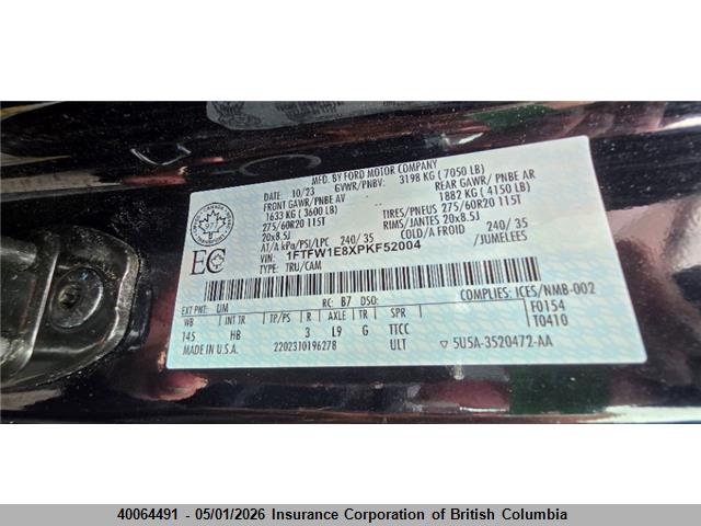 40064491 :رقم المزاد ، 1FTFW1E8XPKF52004 vin ، 2023 Ford F150 مزاد بيع