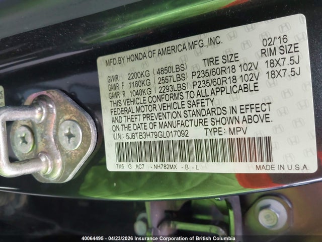 Auction sale of the 2016 Acura Rdx, vin: 5J8TB3H79GL017092, lot number: 40064495