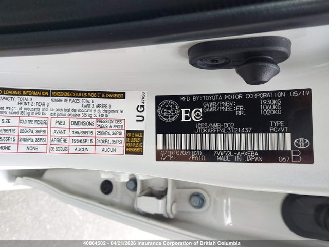JTDKARFP4L3121437 Toyota Prius