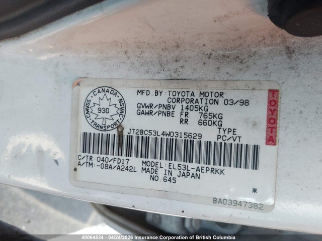 1998 Toyota Tercel Ce მანქანა იყიდება აუქციონზე, vin: JT2BC53L4W0315629, აუქციონის ნომერი: 40064534
