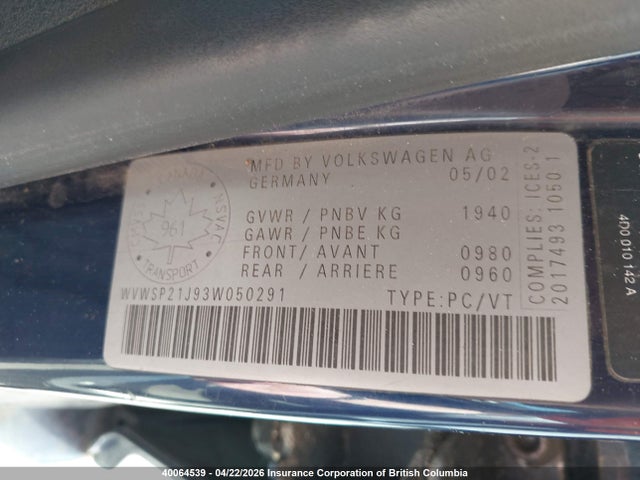 Aukcja sprzedaży 2003 Volkswagen Jetta, vin: WVWSP21J93W050291, numer aukcji: 40064539