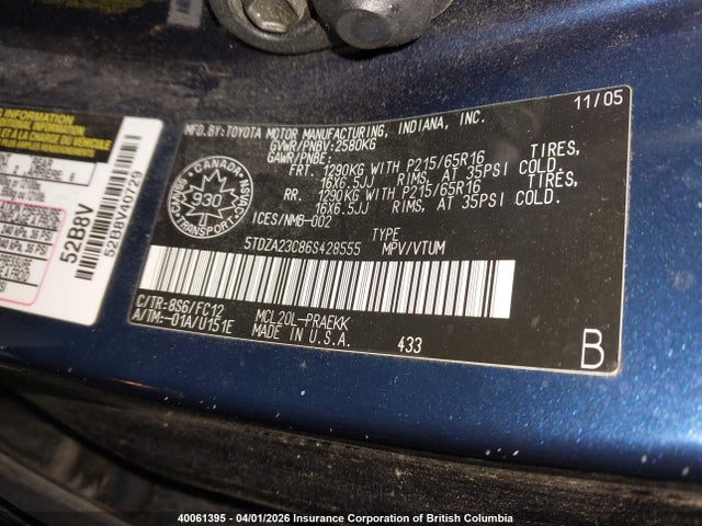 2006 Toyota Sienna Ce/le მანქანა იყიდება აუქციონზე, vin: 5TDZA23C86S428555, აუქციონის ნომერი: 40061395