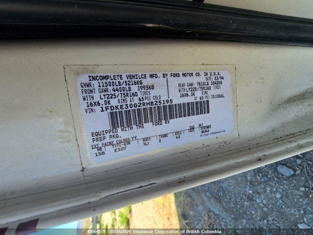 40064578 :رقم المزاد ، 1FDKE30G2RHB25195 vin ، 1994 Ford Econoline E350 Cutaway Van مزاد بيع