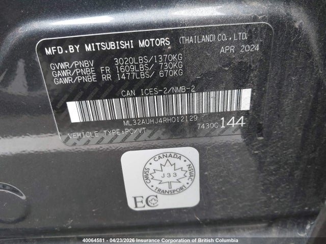 Aukcja sprzedaży 2024 Mitsubishi Mirage Es/le, vin: ML32AUHJ4RH012129, numer aukcji: 40064581