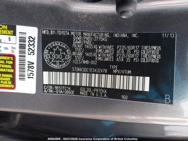 2014 Toyota Sienna Le 8 Passenger მანქანა იყიდება აუქციონზე, vin: 5TDKK3DC1ES432478, აუქციონის ნომერი: 40064586
