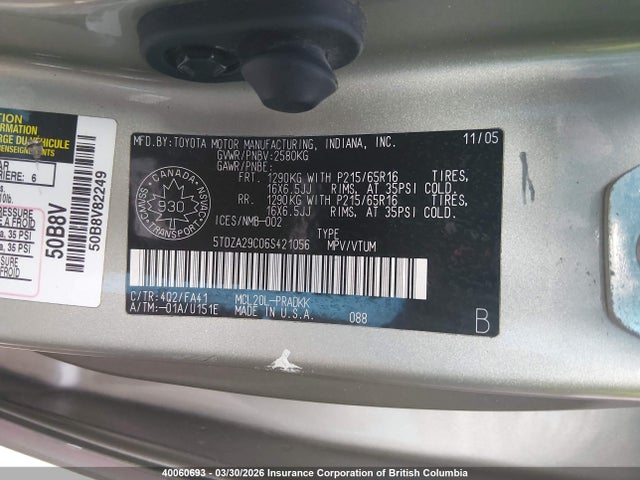 2006 Toyota Sienna Ce მანქანა იყიდება აუქციონზე, vin: 5TDZA29C06S421056, აუქციონის ნომერი: 40060693