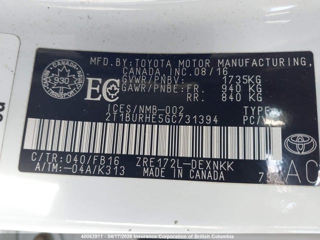 2T1BURHE5GC731394 Toyota Corolla L/le/le Pls/prm/s/s Pls