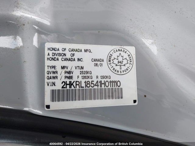 40064592 :رقم المزاد ، 2HKRL18541H011110 vin ، 2001 Honda Odyssey Lx مزاد بيع