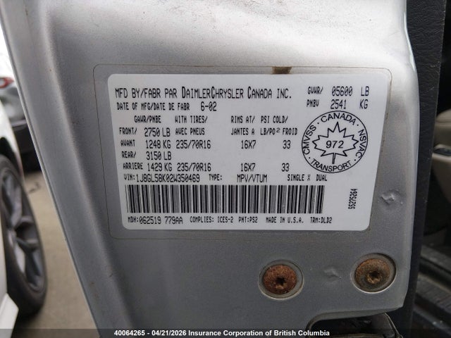 40064265 :رقم المزاد ، 1J8GL58K02W350469 vin ، 2002 Jeep Liberty Limited مزاد بيع