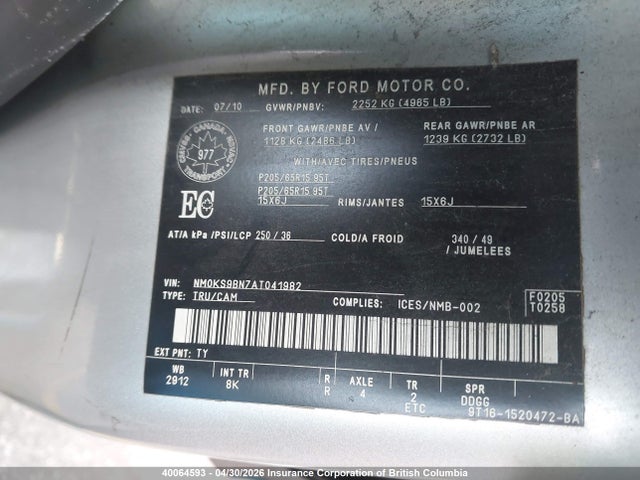 40064593 :رقم المزاد ، NM0KS9BN7AT041982 vin ، 2010 Ford Transit Connect Xlt مزاد بيع