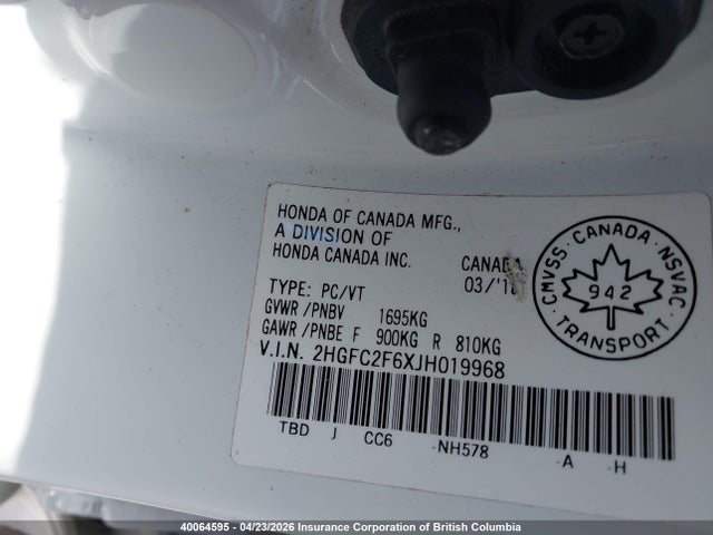 40064595 :رقم المزاد ، 2HGFC2F6XJH019968 vin ، 2018 Honda Civic مزاد بيع
