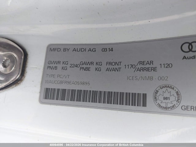2014 Audi S5 მანქანა იყიდება აუქციონზე, vin: WAUCGBFR9EA059895, აუქციონის ნომერი: 40064596