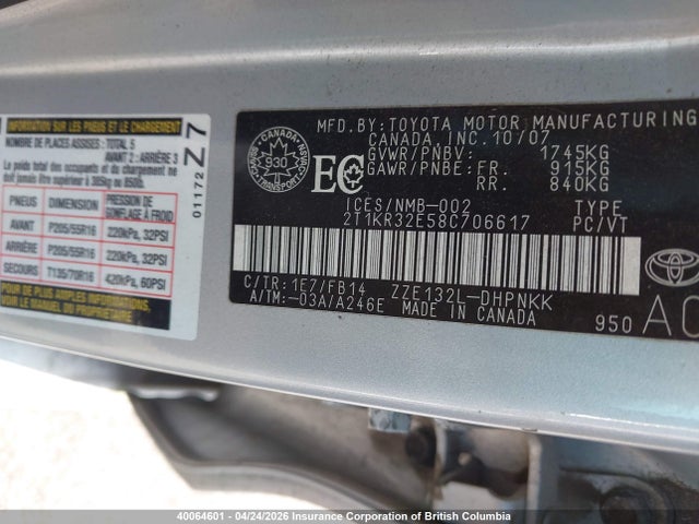2008 Toyota Matrix Xr მანქანა იყიდება აუქციონზე, vin: 2T1KR32E58C706617, აუქციონის ნომერი: 40064601