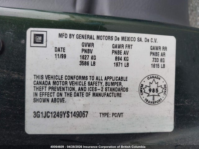 Aukcja sprzedaży 2000 Chevrolet Cavalier, vin: 3G1JC1249YS149067, numer aukcji: 40064609