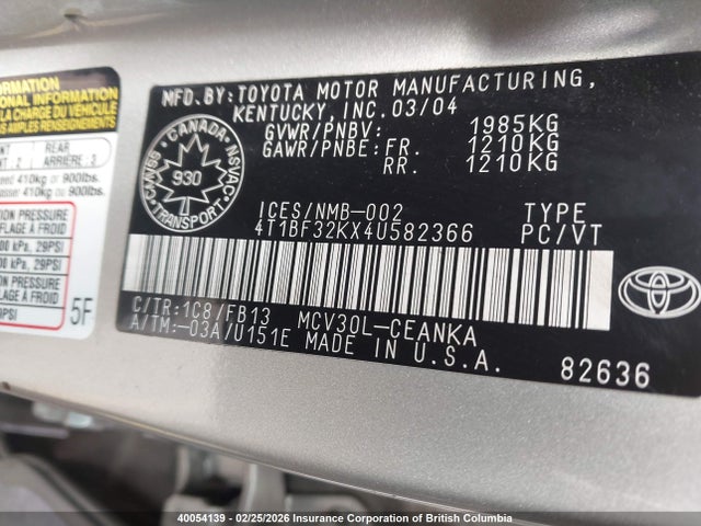 2004 Toyota Camry Le/xle/se მანქანა იყიდება აუქციონზე, vin: 4T1BF32KX4U582366, აუქციონის ნომერი: 40054139