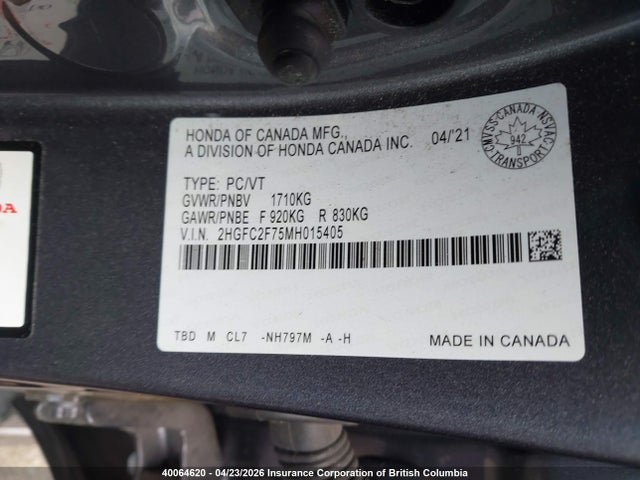Aukcja sprzedaży 2021 Honda Civic, vin: 2HGFC2F75MH015405, numer aukcji: 40064620