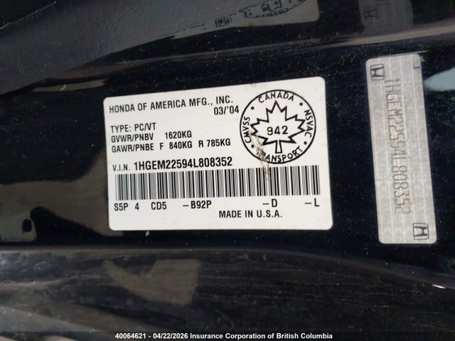 Aukcja sprzedaży 2004 Honda Civic, vin: 1HGEM22594L808352, numer aukcji: 40064621
