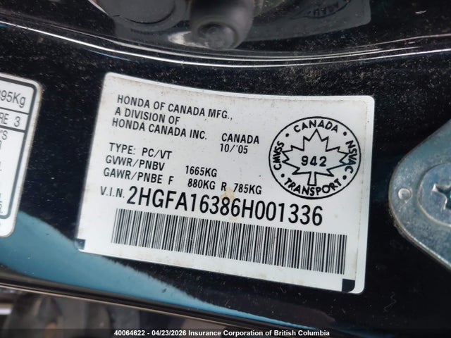 Aukcja sprzedaży 2006 Honda Civic, vin: 2HGFA16386H001336, numer aukcji: 40064622