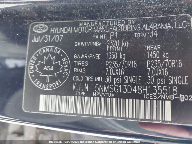 40064626 :رقم المزاد ، 5NMSG13D48H135518 vin ، 2008 Hyundai Santa Fe Gls مزاد بيع