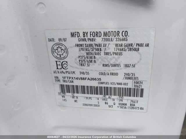 40064627 :رقم المزاد ، 1FTPX14V88FA26635 vin ، 2008 Ford F150 مزاد بيع