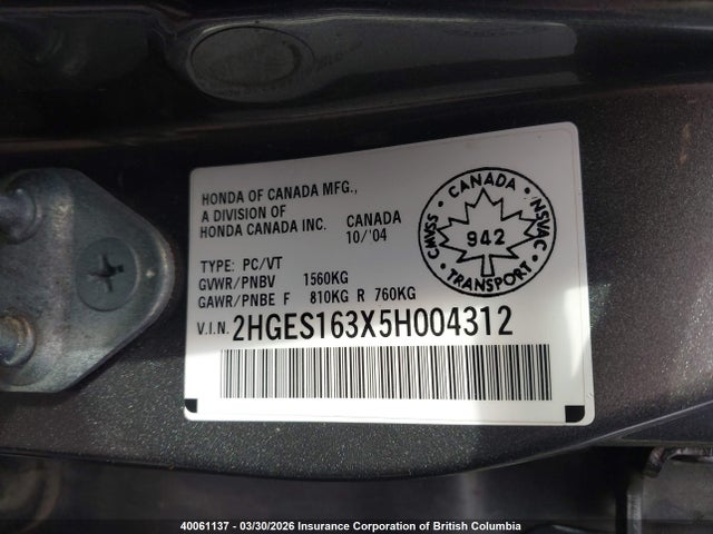 Aukcja sprzedaży 2005 Honda Civic Dx Vp, vin: 2HGES163X5H004312, numer aukcji: 40061137