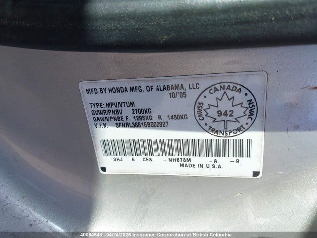 Aukcja sprzedaży 2006 Honda Odyssey Touring, vin: 5FNRL38816B502827, numer aukcji: 40064648