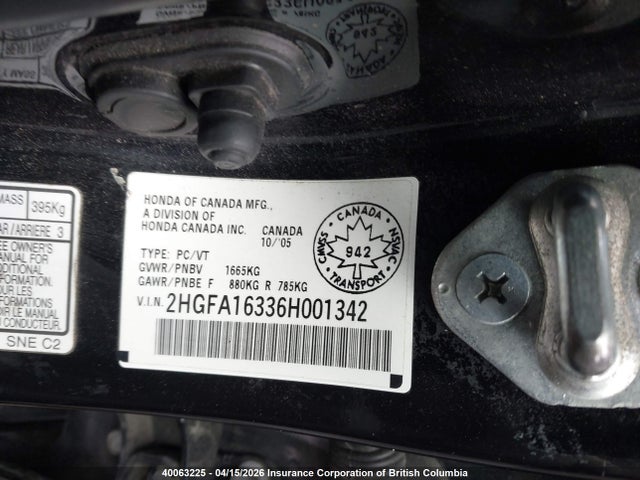 Aukcja sprzedaży 2006 Honda Civic Dx Vp, vin: 2HGFA16336H001342, numer aukcji: 40063225