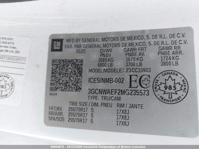 40064670 :رقم المزاد ، 3GCNWAEF2MG235573 vin ، 2021 Chevrolet Silverado 1500 Work Truck مزاد بيع
