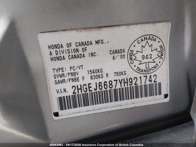 Aukcja sprzedaży 2000 Honda Civic Ex, vin: 2HGEJ6687YH921742, numer aukcji: 40063963