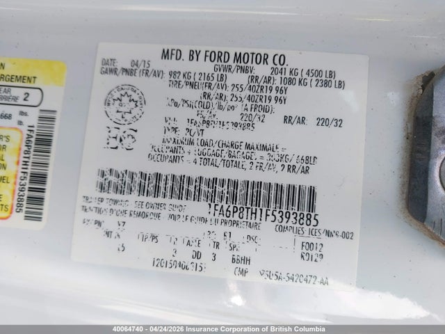 40064740 :رقم المزاد ، 1FA6P8TH1F5393885 vin ، 2015 Ford Mustang مزاد بيع