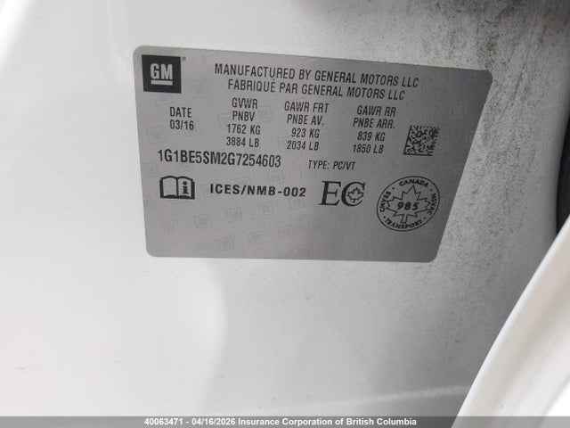 1G1BE5SM2G7254603 Chevrolet CRUZE LT