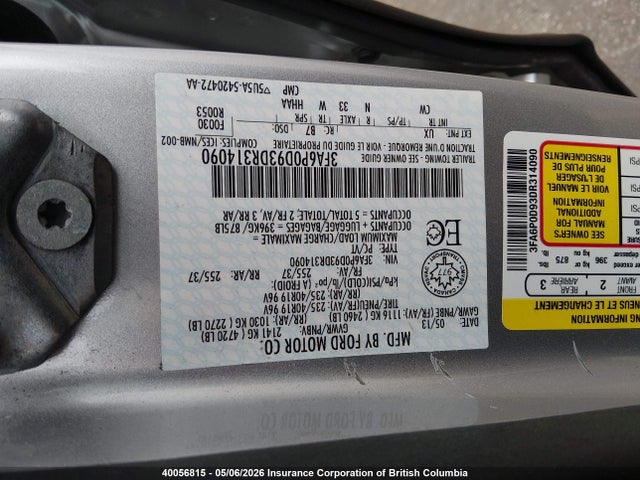 40056815 :رقم المزاد ، 3FA6P0D93DR314090 vin ، 2013 Ford Fusion Titanium مزاد بيع