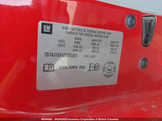 40064808 :رقم المزاد ، 1G1AJ15F477283551 vin ، 2007 Chevrolet Cobalt Ls مزاد بيع