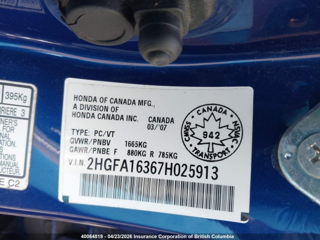 Продаж на аукціоні авто 2007 Honda Civic, vin: 2HGFA16367H025913, номер лоту: 40064819