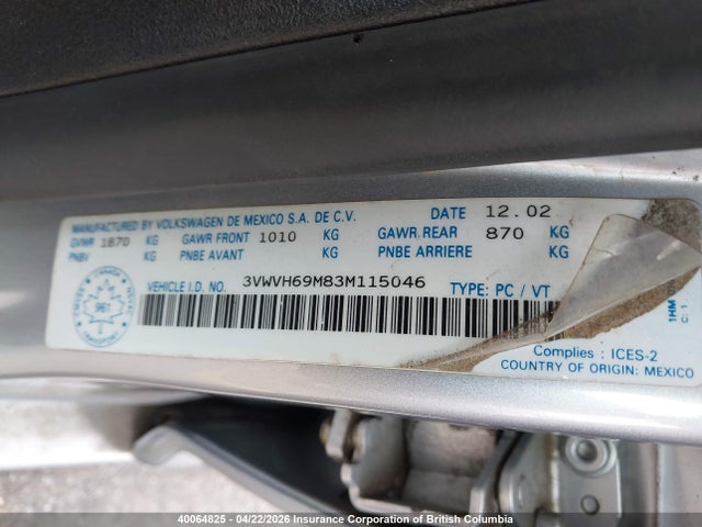 Aukcja sprzedaży 2003 Volkswagen Jetta, vin: 3VWVH69M83M115046, numer aukcji: 40064825