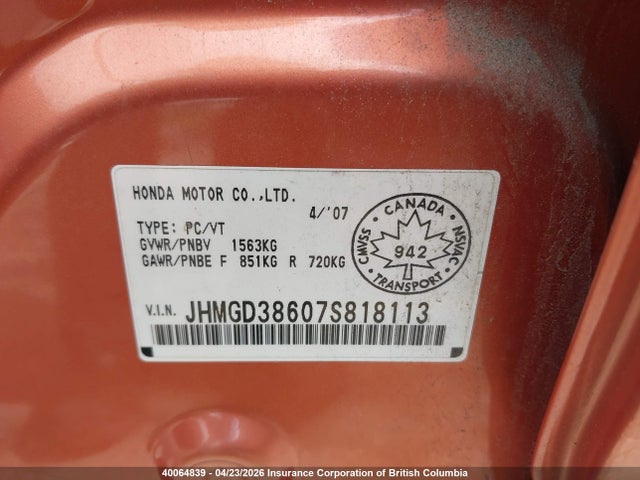 2007 Honda Fit მანქანა იყიდება აუქციონზე, vin: JHMGD38607S818113, აუქციონის ნომერი: 40064839